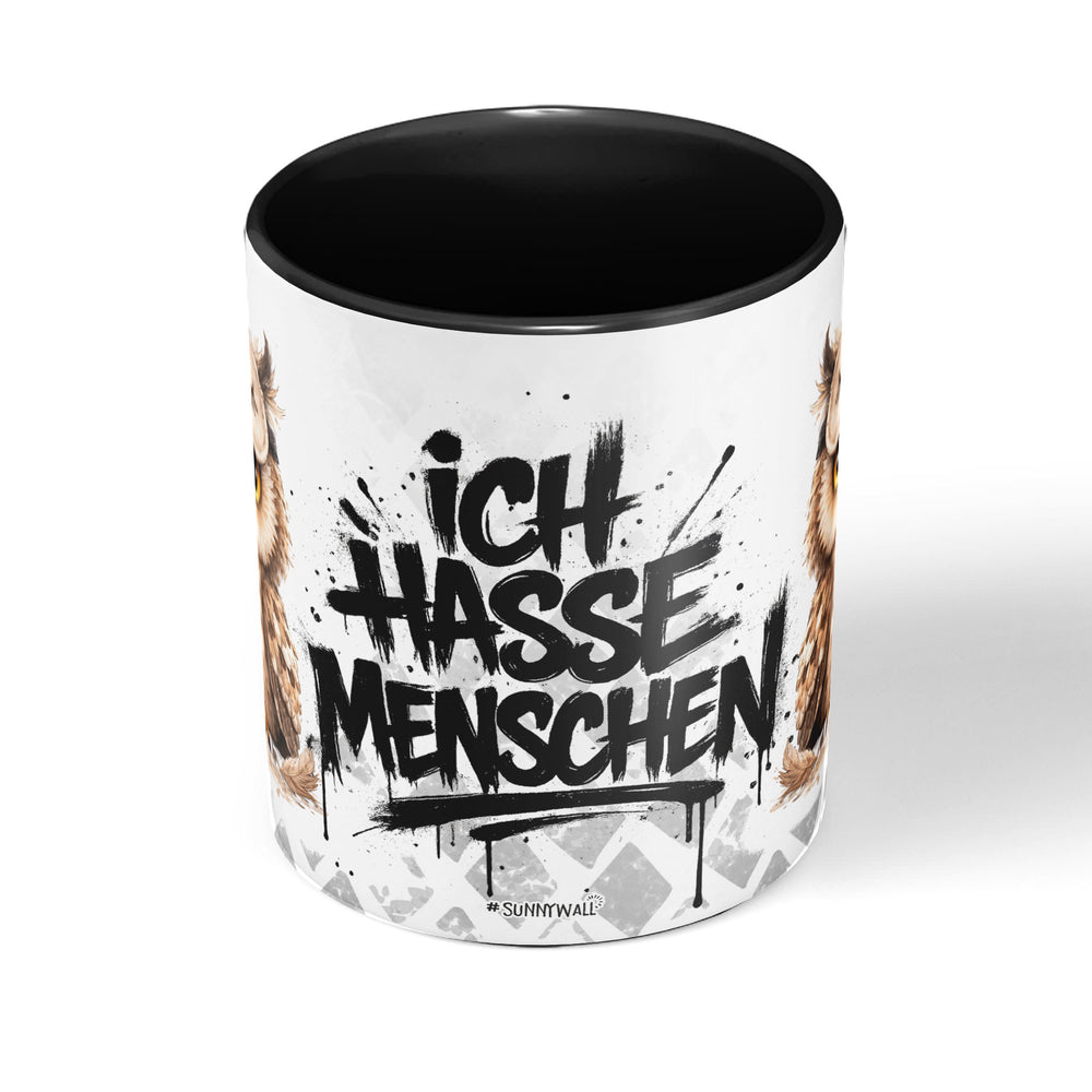 Eule Ich hasse Menschen Tasse Kaffeetasse Schwarz Produktbild