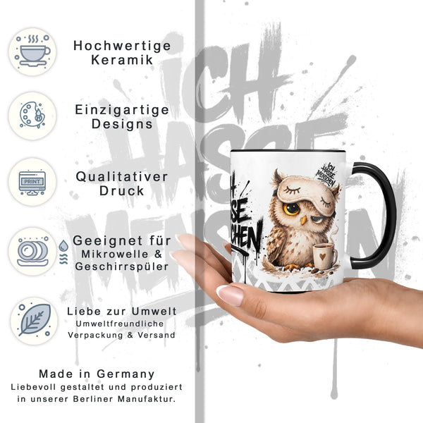 Eule Ich hasse Menschen Tasse Kaffeetasse Schwarz Datenblatt