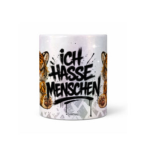 Tiger Ich hasse Menschen Tasse Perlmutt Seitenansicht