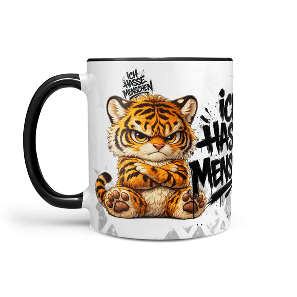 Tiger Ich hasse Menschen Tasse Schwarz Links