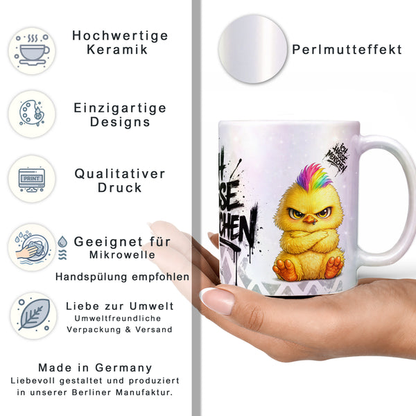 Küken mit Punk Ich hasse Menschen Tasse Perlmutt Datenblatt