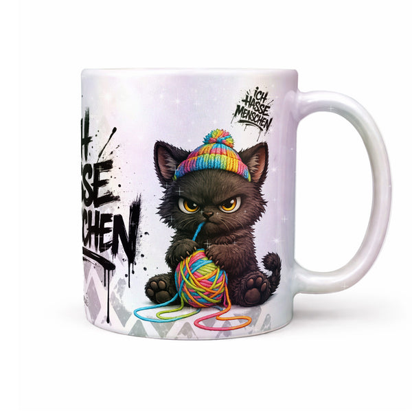 Katze mit Wollknäuel Ich hasse Menschen Tasse Perlmutt Produktbild