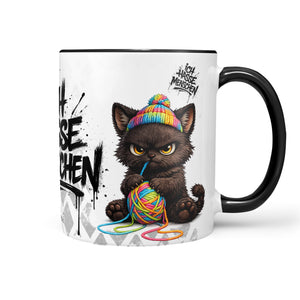 Katze mit Wollknäuel Ich hasse Menschen Tasse Schwarz Produktbild