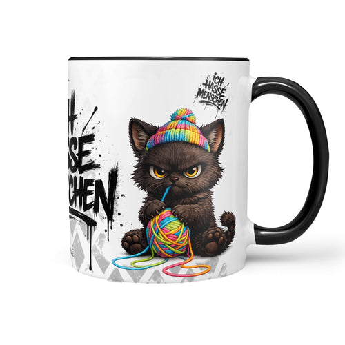 Katze mit Wollknäuel Ich hasse Menschen Tasse Schwarz Produktbild