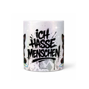 Katze mit Wollknäuel Ich hasse Menschen Tasse Perlmutt Seitenansicht