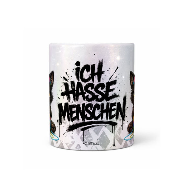 Katze mit Wollknäuel Ich hasse Menschen Tasse Perlmutt Seitenansicht