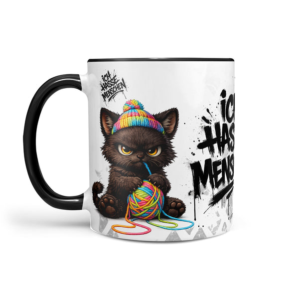 Katze mit Wollknäuel Ich hasse Menschen Tasse Schwarz Links