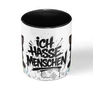 Katze mit Wollknäuel Ich hasse Menschen Tasse Schwarz Seitenansicht