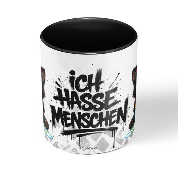 Katze mit Wollknäuel Ich hasse Menschen Tasse Schwarz Seitenansicht