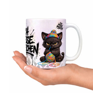 Katze mit Wollknäuel Ich hasse Menschen Tasse Perlmutt Deko