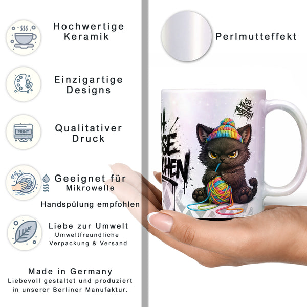 Katze mit Wollknäuel Ich hasse Menschen Tasse Perlmutt Datenblatt