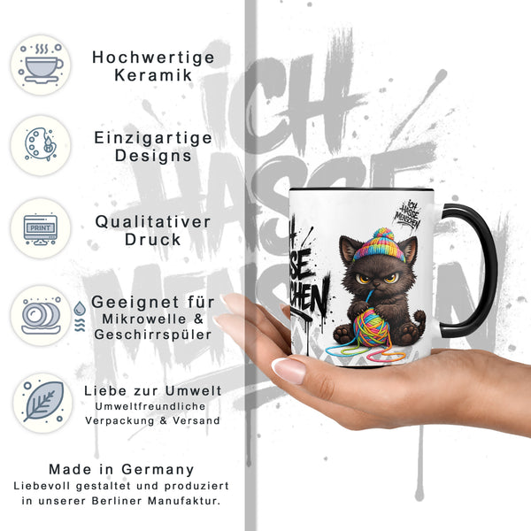 Katze mit Wollknäuel Ich hasse Menschen Tasse Schwarz Datenblatt