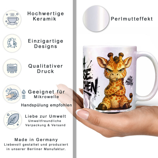 Giraffe Tasse Ich hasse Menschen perlmutt Produktbild Kaffeetasse Datenblatt