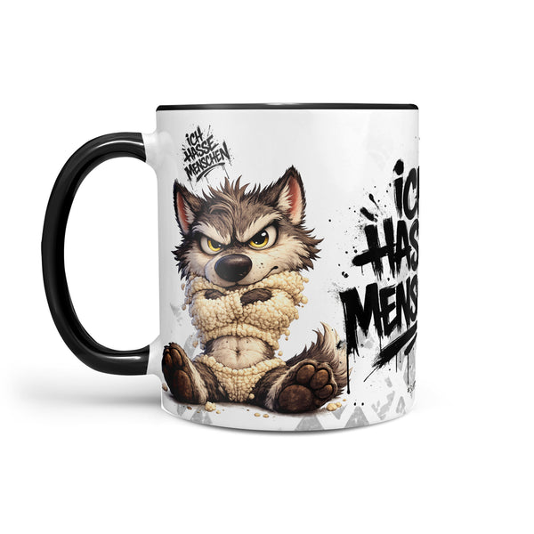 Wolf Tasse Ich hasse Menschen Schwarz Produktbild Kaffeetasse linke Seite