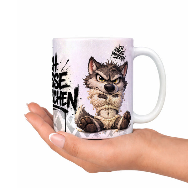 Wolf Tasse Ich hasse Menschen perlmutt Produktbild Kaffeetasse Deko