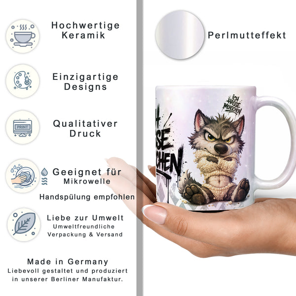 Wolf Tasse Ich hasse Menschen perlmutt Produktbild Kaffeetasse Datenblatt