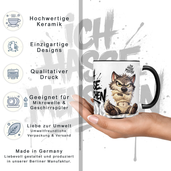 Wolf Tasse Ich hasse Menschen Schwarz Produktbild Kaffeetasse Datenblatt
