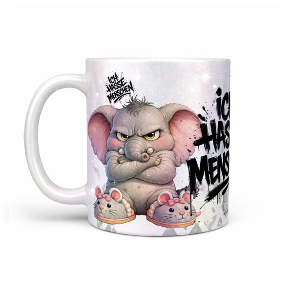 Elefant Tasse Ich hasse Menschen perlmutt Produktbild Kaffeetasse linke Seite