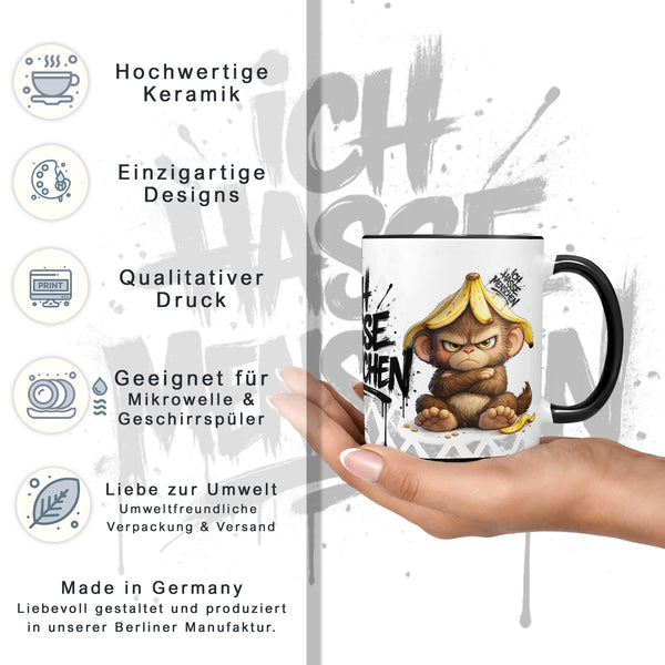 Affe Tasse Ich hasse Menschen Kaffeetasse Schwarz Produktbild Datenblatt