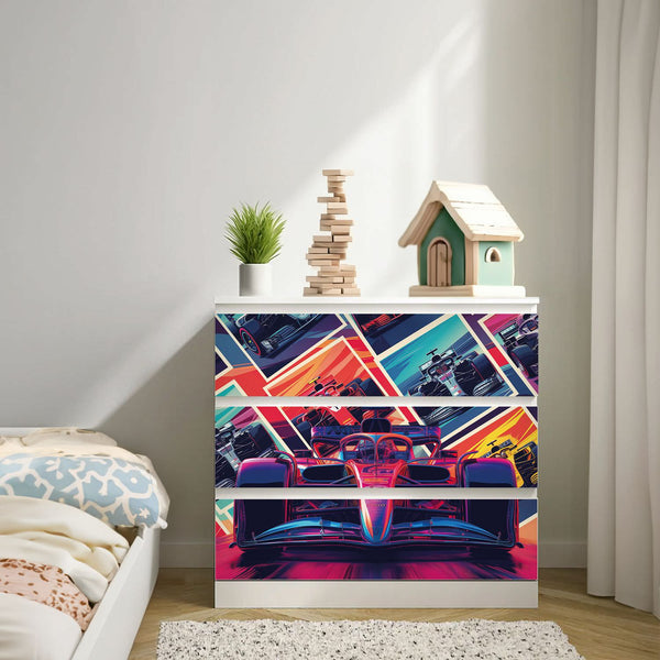 Möbelfolie passend für IKEA Malm Kommode Rennwagen Formel 1 modern Schrankfolie - Sunnywall - Individualität trifft Design