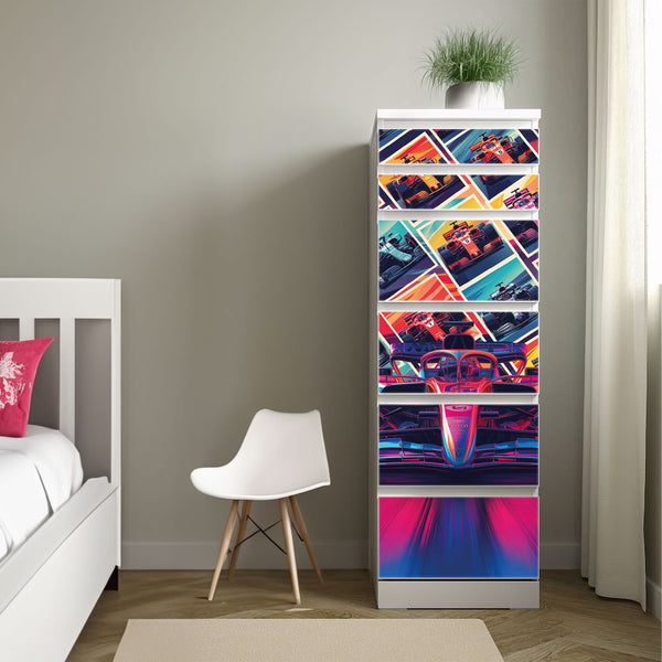 Möbelfolie passend für IKEA Malm Kommode Rennwagen Formel 1 modern Schrankfolie - Sunnywall - Individualität trifft Design