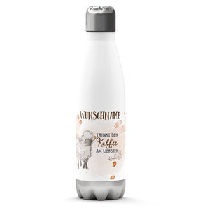 Thermosflasche 500 ml – Weißes Schaf & Kaffee mit Wunschname - Sunnywall - Individualität trifft Design