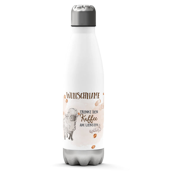 Thermosflasche 500 ml – Weißes Schaf & Kaffee mit Wunschname - Sunnywall - Individualität trifft Design
