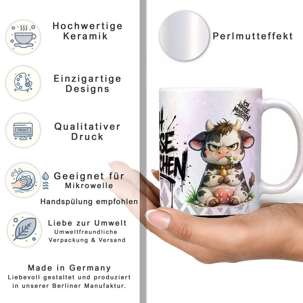 Kuh Ich hasse Menschen Tasse perlmutt Produktbild Datenblatt