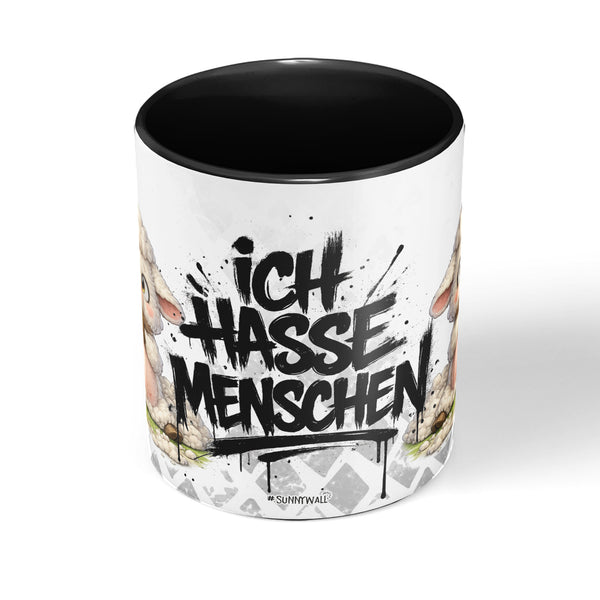 Schaf Ich hasse Menschen Tasse Schwarz Produktbild mittig