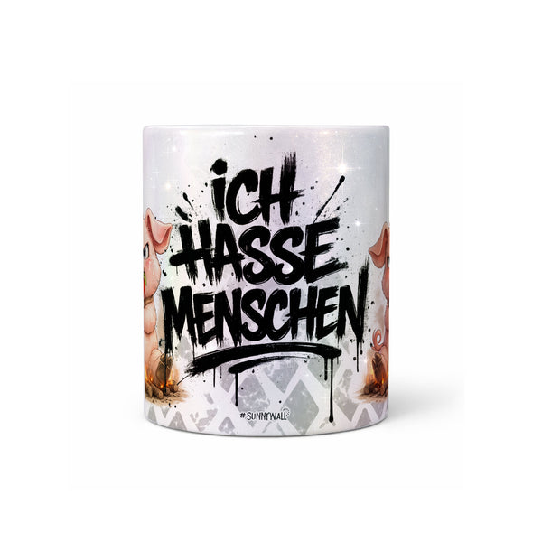 Schwein Ich hasse Menschen Tasse perlmutt Produktbild mittig