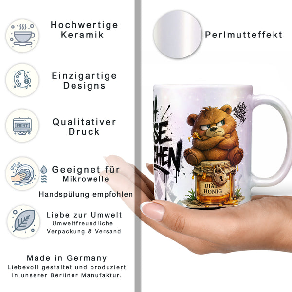 Ich hasse Menschen Bär auf Honigglas Tasse perlmutt  Produktbild Datenblatt