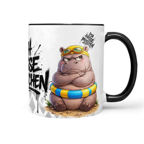 Produktbild Ich hasse Menschen Nilpferd Tasse schwarz Front 