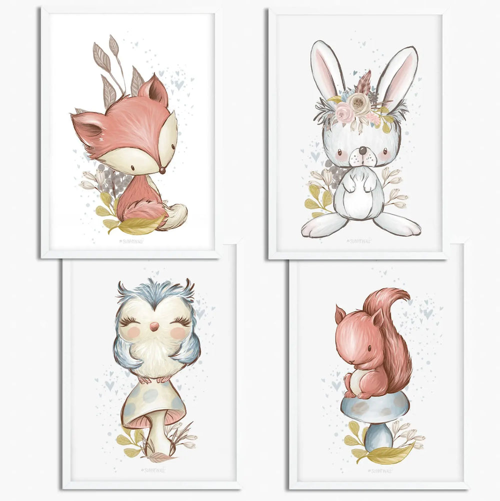4er Set Eichhörnchen Hase Fuchs Eule Waldtiere Poster Kinderzimmer - A4 Bilder Babyzimmer Kinderposter Sunnywall