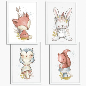 4er Set Eichhörnchen Hase Fuchs Eule Waldtiere Poster Kinderzimmer - A4 Bilder Babyzimmer Kinderposter Sunnywall