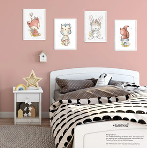 4er Set Eichhörnchen Hase Fuchs Eule Waldtiere Poster Kinderzimmer - A4 Bilder Babyzimmer Kinderposter Sunnywall