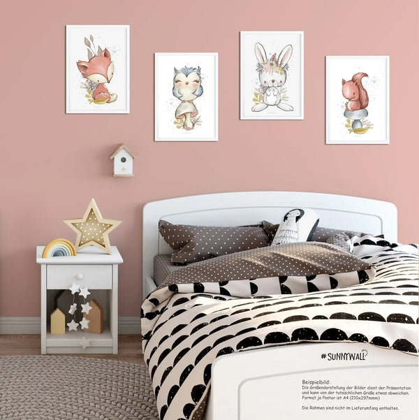 4er Set Eichhörnchen Hase Fuchs Eule Waldtiere Poster Kinderzimmer - A4 Bilder Babyzimmer Kinderposter Sunnywall