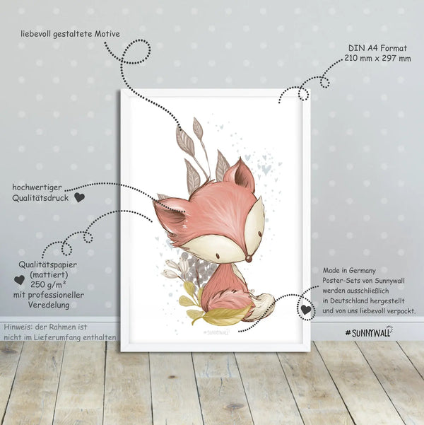 4er Set Eichhörnchen Hase Fuchs Eule Waldtiere Poster Kinderzimmer - A4 Bilder Babyzimmer Kinderposter Sunnywall