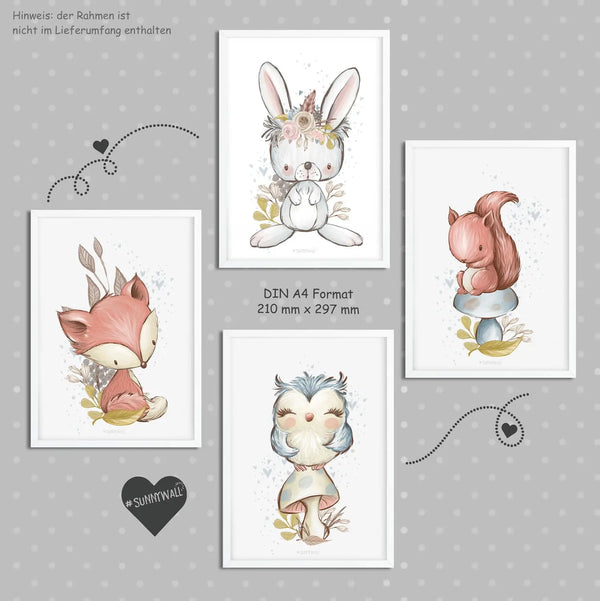 4er Set Eichhörnchen Hase Fuchs Eule Waldtiere Poster Kinderzimmer - A4 Bilder Babyzimmer Kinderposter Sunnywall
