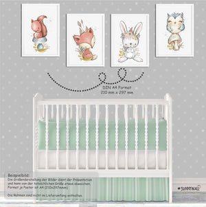 4er Set Eichhörnchen Hase Fuchs Eule Waldtiere Poster Kinderzimmer - A4 Bilder Babyzimmer Kinderposter Sunnywall