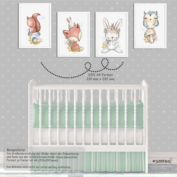 4er Set Eichhörnchen Hase Fuchs Eule Waldtiere Poster Kinderzimmer - A4 Bilder Babyzimmer Kinderposter Sunnywall