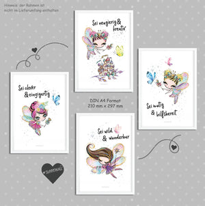4er Set Feen, zauberhafte Wesen, Elfen Poster Kinderzimmer - A4 - Bilder Kinderzimmer Sunnywall