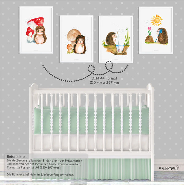 4er Set Igel Familie Poster Kinderzimmer - A4 Bilder Babyzimmer Kinderposter Sunnywall