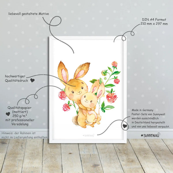 4er Set Waldtiere Bär Fuchs Bambi Reh Hasen Poster - A4 Sunnywall