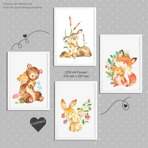 4er Set Waldtiere Bär Fuchs Bambi Reh Hasen Poster - A4 Sunnywall