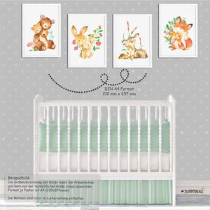 4er Set Waldtiere Bär Fuchs Bambi Reh Hasen Poster - A4 Sunnywall