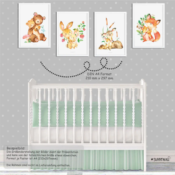 4er Set Waldtiere Bär Fuchs Bambi Reh Hasen Poster - A4 Sunnywall