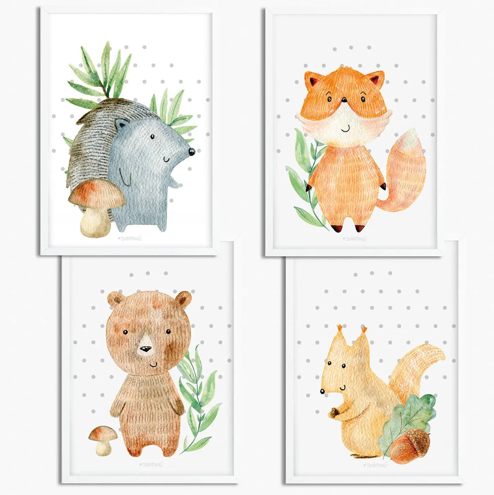 4er Set Woodland Waldtiere Igel Fuchs Bär Eichhörnchen Poster Sunnywall