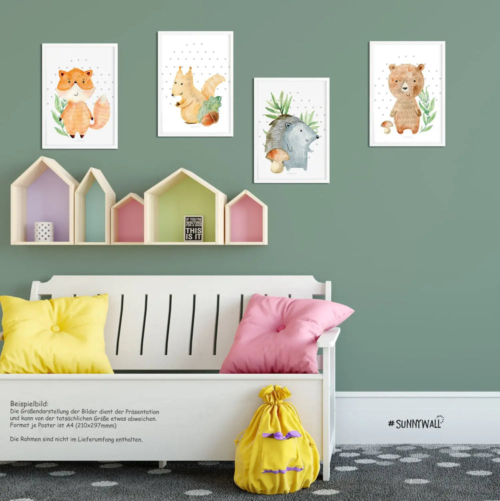 4er Set Woodland Waldtiere Igel Fuchs Bär Eichhörnchen Poster Sunnywall