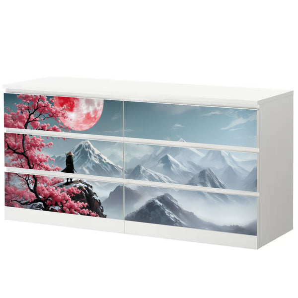 Möbelfolie IKEA MALM Samurai Kirschblüte - Ronin Sakura in Berglandschaft