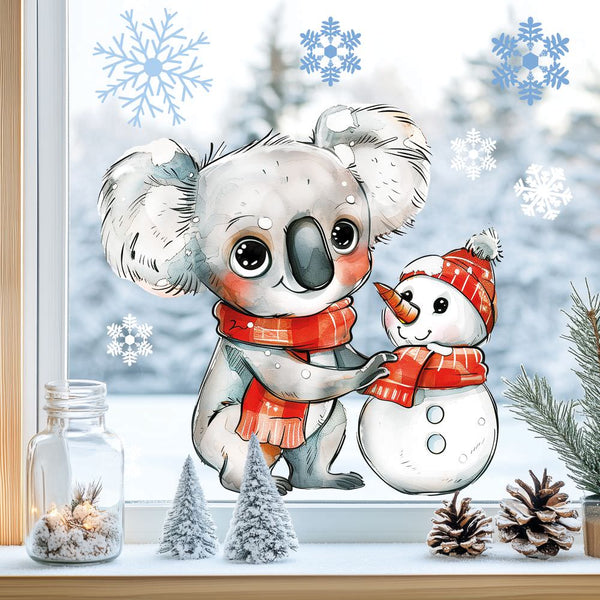Fensterbild Süßer Koala mit Schneemann | Winterliche Fensterbild Dekoration A2 B-Ware - Sunnywall - Individualität trifft Design